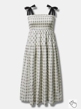 Torrid Black Plaid Tea Length Smocked Bodice Bow Tie Strap Midi Dress 1X NWT